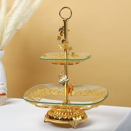 Этажерка-фруктовница квадратная, 2 яруса, 29×29 см, 17×17 см, высота 43 см, стекло, золотистая