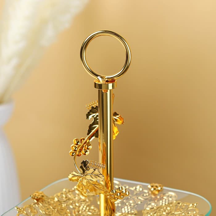 Этажерка-фруктовница квадратная, 2 яруса, 29×29 см, 17×17 см, высота 43 см, стекло, золотистая