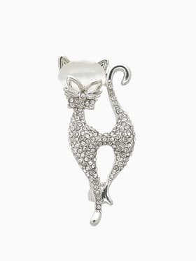 Брошь «Кошка», изящная с бантом, белая в серебре