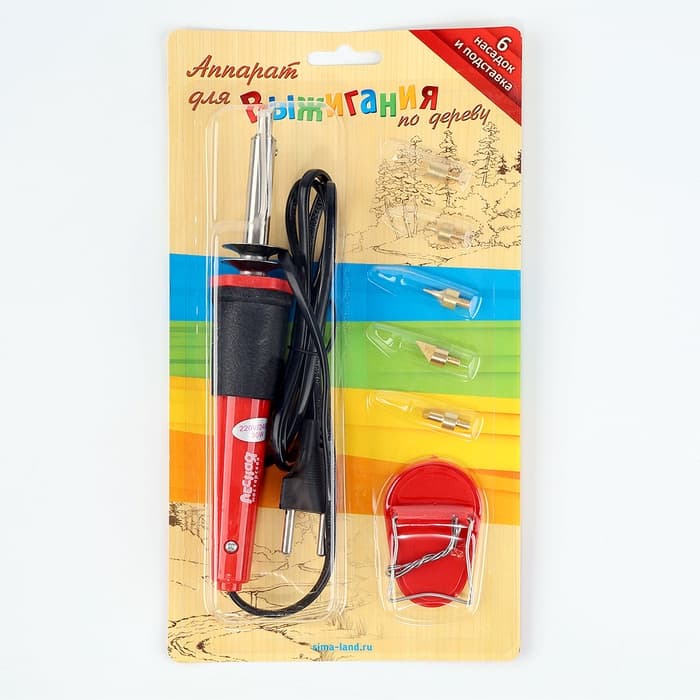 Выжигательный аппарат по дереву, набор: 6 насадок, подставка