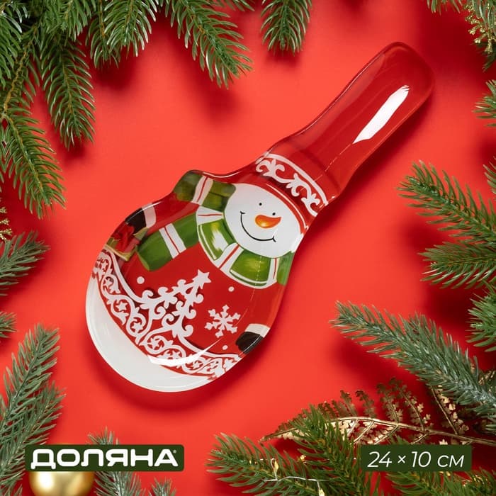 Подставка новогодняя под ложку Доляна «Снеговик», 24×10 см, стекло, красная