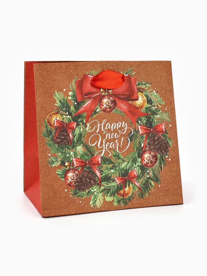 Пакет подарочный новогодний крафтовый квадратный «С Новым годом», 14×14×9 см