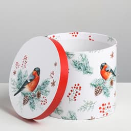 Круглая подарочная коробка «Снегири», 14×16 см, Новый год