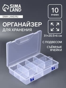 Органайзер для хранения мелочей QF, 10 съёмных ячеек, с подвесом, 31×20.5×6 см, прозрачный