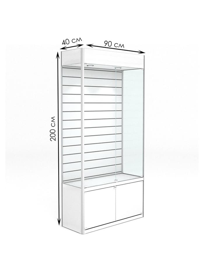 Витрина из ЛДСП 2000×900×400 мм, задняя стенка экономпанель, накопитель, белая