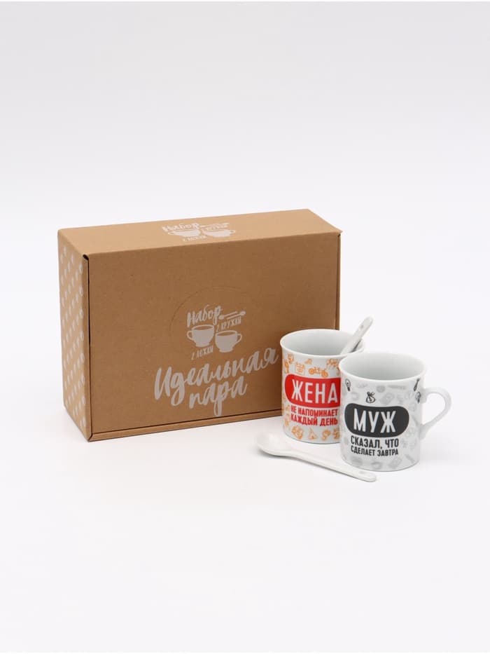 Кружки керамические парные «Муж и жена», 2 шт. по 140 мл, ложки 2 шт.