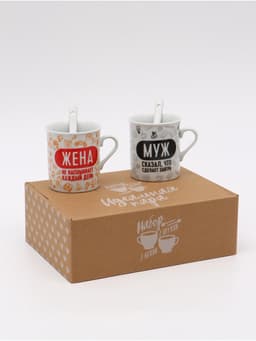 Кружки керамические парные «Муж и жена», 2 шт. по 140 мл, ложки 2 шт.