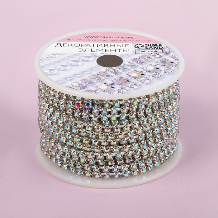 Цепь со стразами, с голографией, металл, стекло, 3 мм, 9±1 м, цвет серебряный