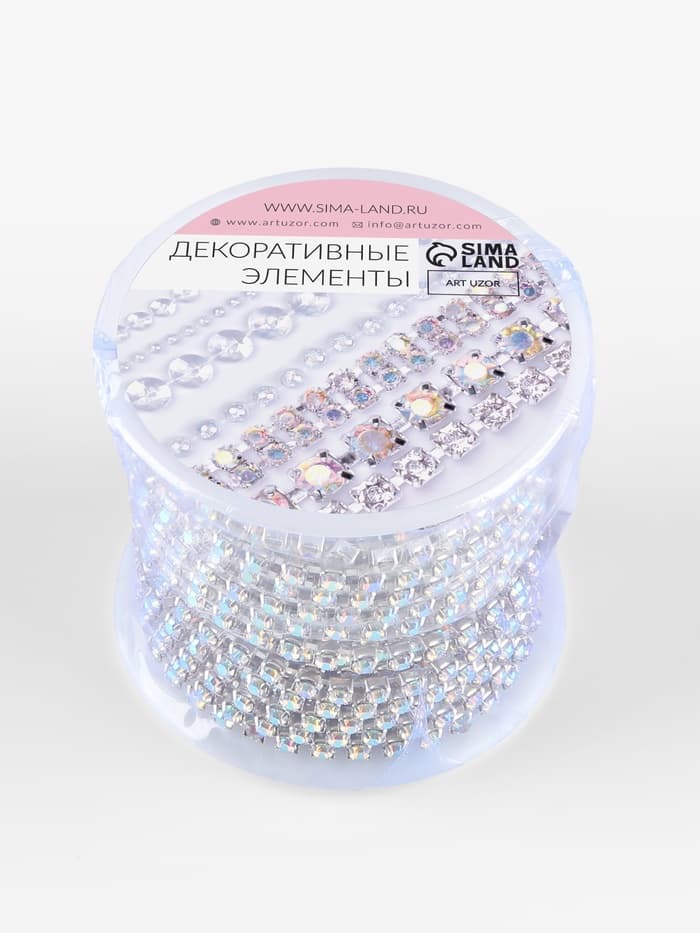 Цепь со стразами, с голографией, металл, стекло, 3.5 мм, 9±1 м, цвет серебряный