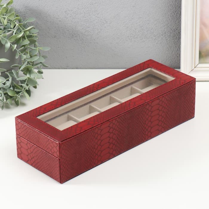 Шкатулка для часов 6 отделений «Питон бордовый с прожилками», с замком, искусственная кожа, 11×31×7.5 см