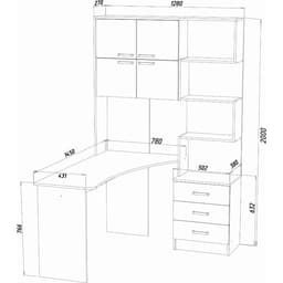 Стол компьютерный №1, левый, 1280×2000×1450 мм, цвет ясень шимо тёмный/светлый