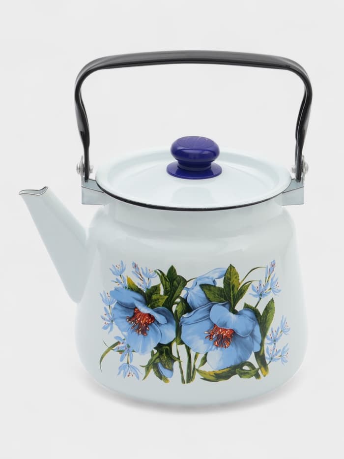 Чайник «Цветы синие», 3.5 л, эмалированная сталь, белый