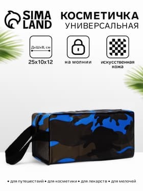 Косметичка на молнии мужская, с ручкой, с принтом, с сеткой, камуфляж/синяя