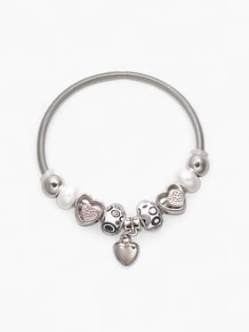 Браслет с шармами «Марджери. Сердце и жемчуг», d=6.5 см, чёрный, белый в серебре