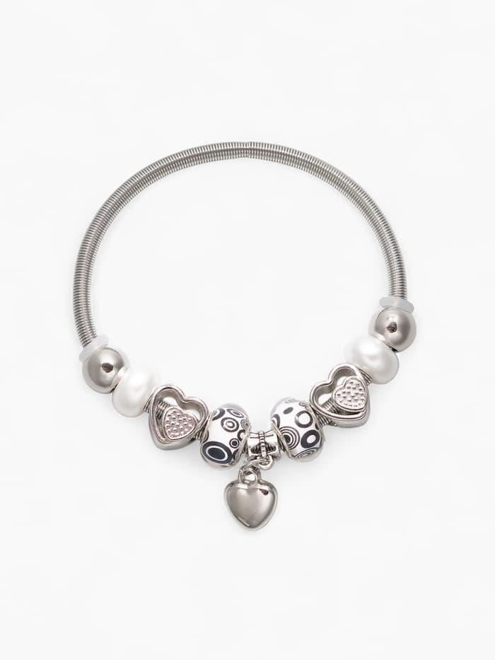 Браслет с шармами «Марджери. Сердце и жемчуг», d=6.5 см, чёрный, белый в серебре