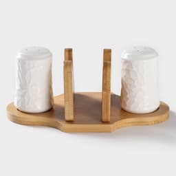 Набор для специй на бамбуковой подставке BellaTenero, 3 предмета: солонка 100 мл, перечница 100 мл, салфетница, фарфор, белый