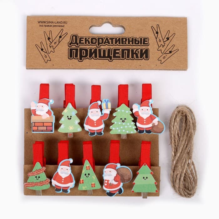 Прищепки декоративные новогодние «Дед Мороз и ёлки», набор 10 шт.