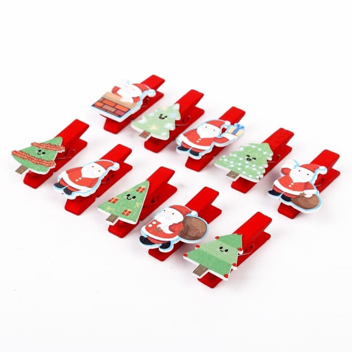 Прищепки декоративные новогодние «Дед Мороз и ёлки», набор 10 шт.