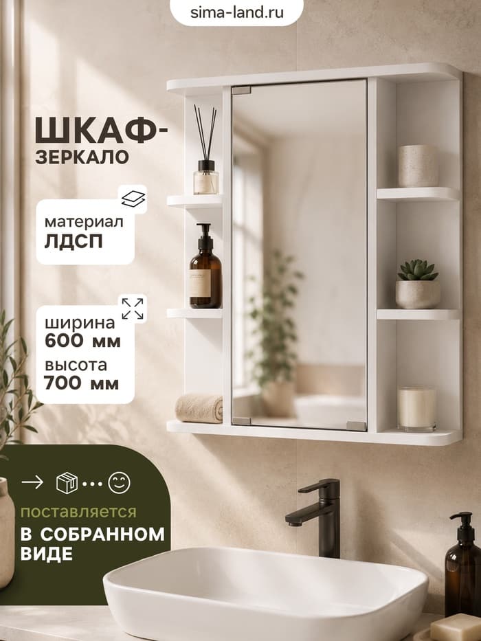 Зеркало - шкаф для ванной комнаты «А - 60», 600×120×700 мм, цвет белый
