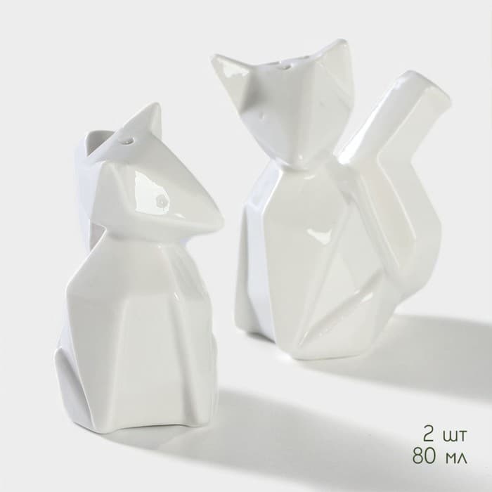 Набор для специй BellaTenero «Лисы», солонка 80 мл, перечница 80 мл, на бамбуковой подставке, фарфор, белый