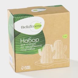 Набор для специй BellaTenero «Кактусы», солонка 75 мл, перечница 75 мл, на бамбуковой подставке, фарфор, белый