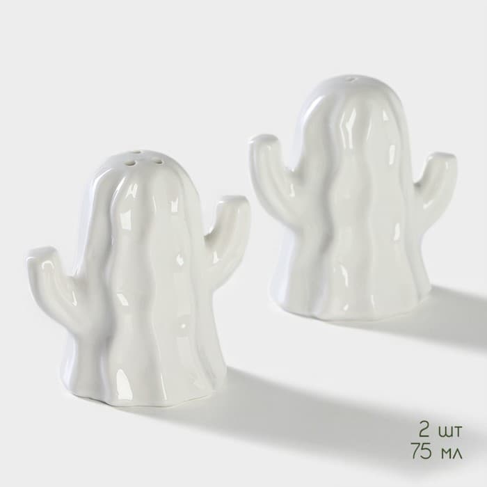 Набор для специй BellaTenero «Кактусы», солонка 75 мл, перечница 75 мл, на бамбуковой подставке, фарфор, белый