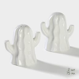 Набор для специй BellaTenero «Кактусы», солонка 75 мл, перечница 75 мл, на бамбуковой подставке, фарфор, белый