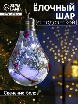 Ёлочный шар «Ветка ели», 5 LED, от батареек, свечение белое