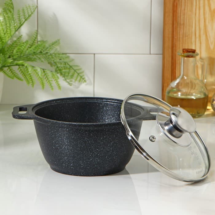 Кастрюля KUKMARA «Мраморная», 1 л, d=18 см, со стеклянной крышкой, антипригарное покрытие, литой алюминий, серая