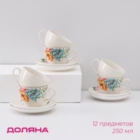 Сервиз чайный Доляна «Пташка», 12 предметов: 6 чашек 250 мл, 6 блюдец d=15 см, фарфор, белый