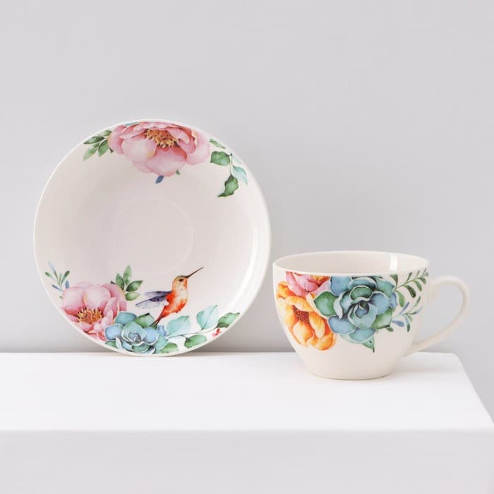 Сервиз чайный Доляна «Пташка», 12 предметов: 6 чашек 250 мл, 6 блюдец d=15 см, фарфор, белый