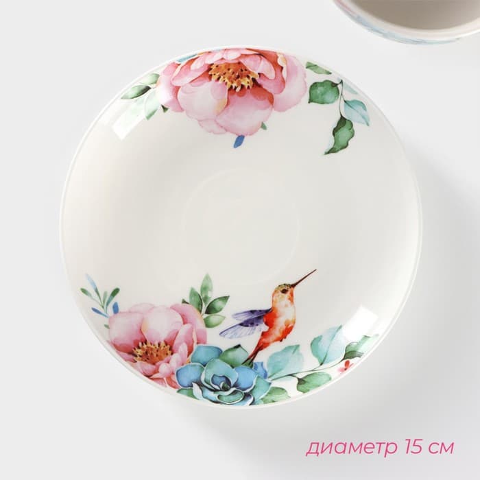 Сервиз чайный Доляна «Пташка», 12 предметов: 6 чашек 250 мл, 6 блюдец d=15 см, фарфор, белый