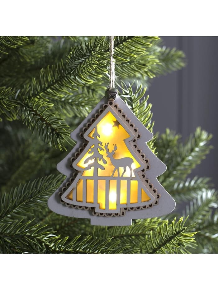 Ёлочная игрушка «Ёлочка с оленем», 10×10×2 см, 4 LED, от батареек, свечение тёплое белое