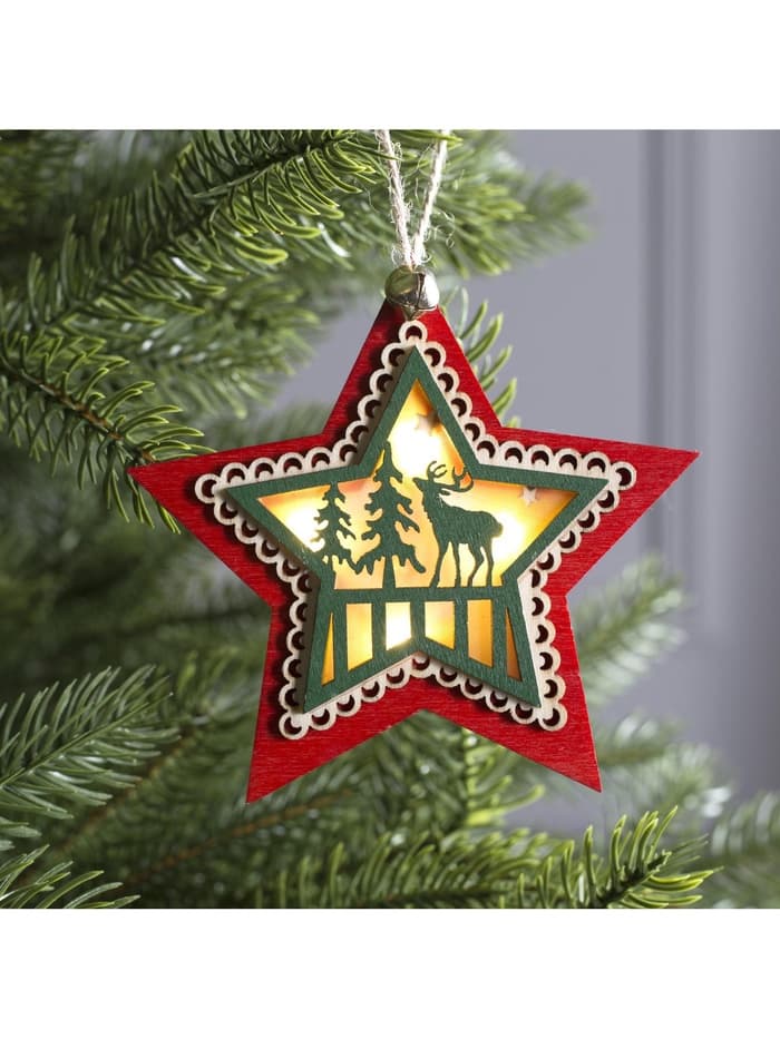 Ёлочная игрушка «Красная звезда с оленем», 10×10×2 см, 4 LED, от батареек, свечение тёплое белое