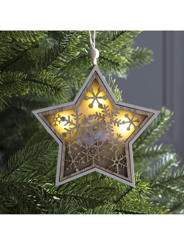 Ёлочная игрушка «Звезда в снежинках», 13×13×1 см, 3 LED, от батареек, свечение тёплое белое