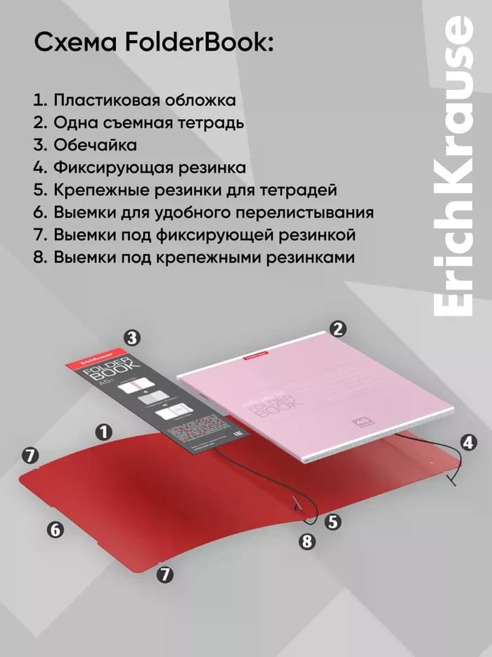 Тетрадь на резинке ErichKrause. FolderBook А5+, 48 листов, в клетку, съёмная пластиковая обложка, красная
