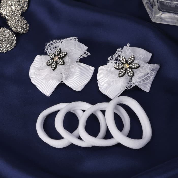 Набор для волос Выбражулька «Бантик страз», 2 зажима, 4 резинки, цветок, белый