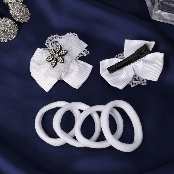 Набор для волос Выбражулька «Бантик страз», 2 зажима, 4 резинки, цветок, белый