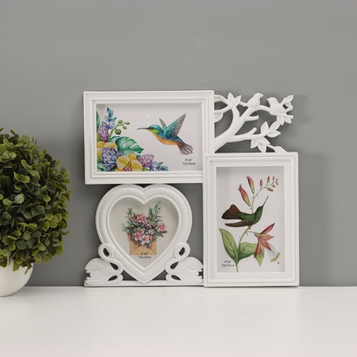 Фоторамка - коллаж на 3 фото 10×10 см, 10×15 см «Фламинго и птички», пластик, белая, 25.5×28 см