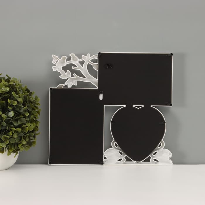 Фоторамка - коллаж на 3 фото 10×10 см, 10×15 см «Фламинго и птички», пластик, белая, 25.5×28 см