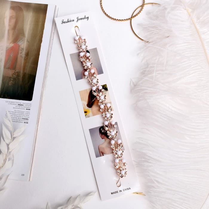 Аксессуар для волос «Моника», на невидимках, цветы с бусинами, 23 см, золото