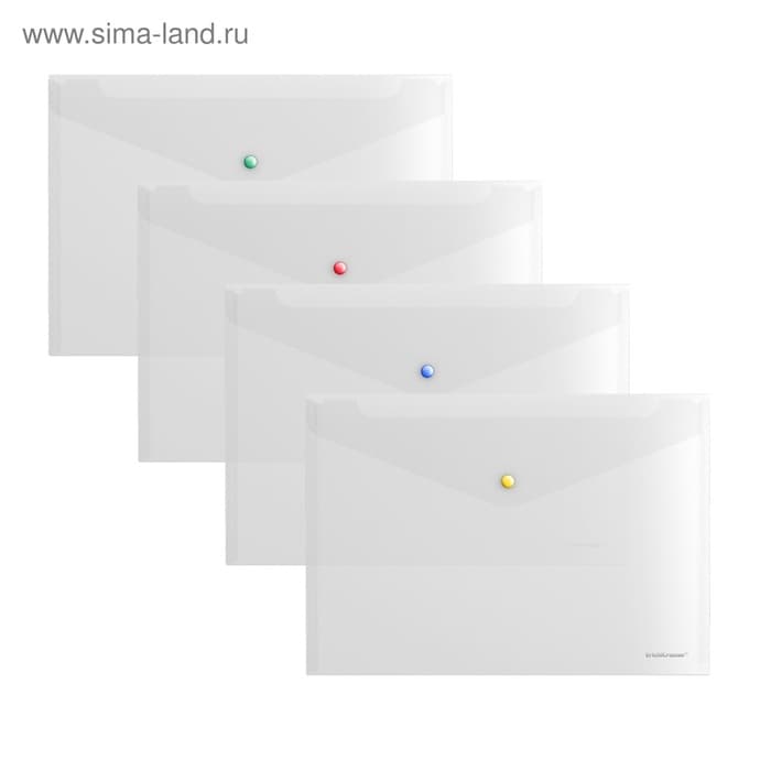 Папка-конверт на кнопке А4, 160 мкм, ErichKrause Glossy Clear, глянцевая, с цветной кнопкой, прозрачная, микс