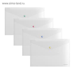 Папка-конверт на кнопке А4, 160 мкм, ErichKrause Glossy Clear, глянцевая, с цветной кнопкой, прозрачная, микс