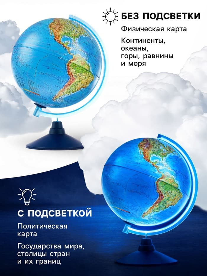Интерактивный глобус физико-политический, диаметр 320 мм, с подсветкой