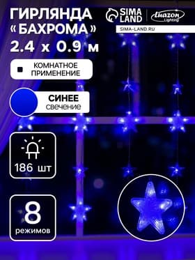 Гирлянда «Бахрома» 2.4×0.9 м с насадками «Звёздочки», IP20, прозрачная нить, 186 LED, свечение синее, 8 режимов, 220 В