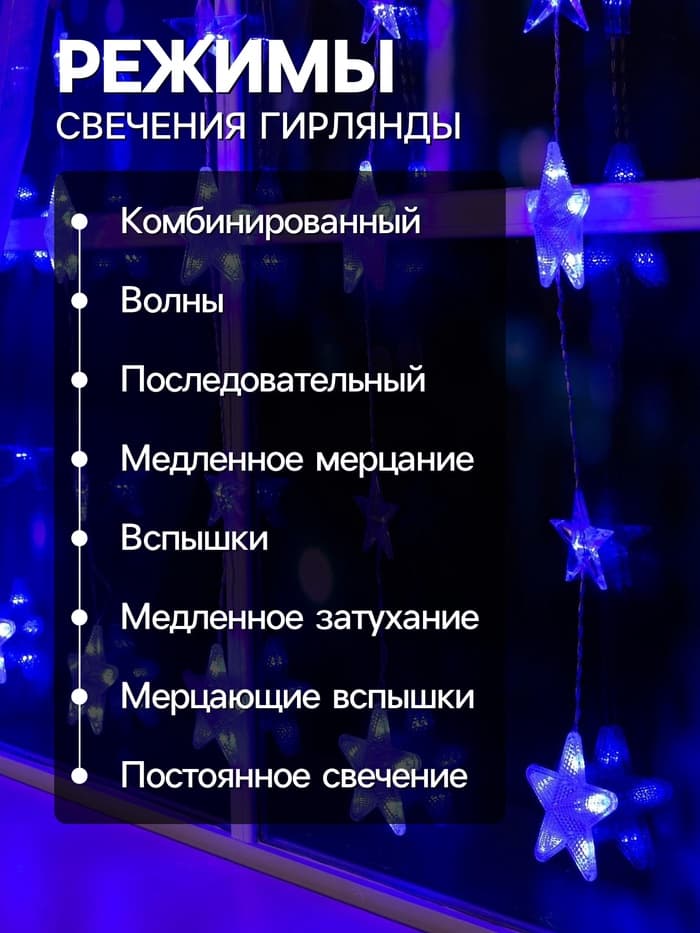 Гирлянда «Бахрома» 2.4×0.9 м с насадками «Звёздочки», IP20, прозрачная нить, 186 LED, свечение синее, 8 режимов, 220 В