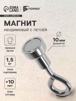 Магнит неодимовый TORSO с петлёй для авто, d=10 мм, сцепление 1.5 кг