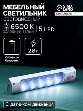 Светильник светодиодный с датчиком движения, 5 LED, 2 Вт, от батареек 3хAAA, 6500К, свечение холодное белое
