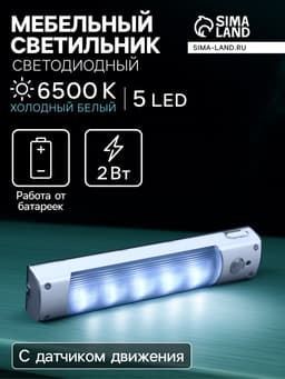 Светильник светодиодный с датчиком движения, 5 LED, 2 Вт, от батареек 3хAAA, 6500К, свечение холодное белое