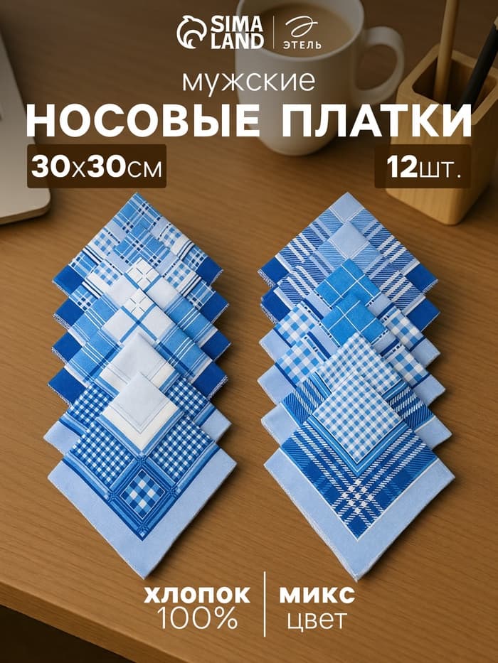 Платки носовые мужские «Этель», 30×30 см, набор 12 шт., голубые, рисунок МИКС, хлопок 100%